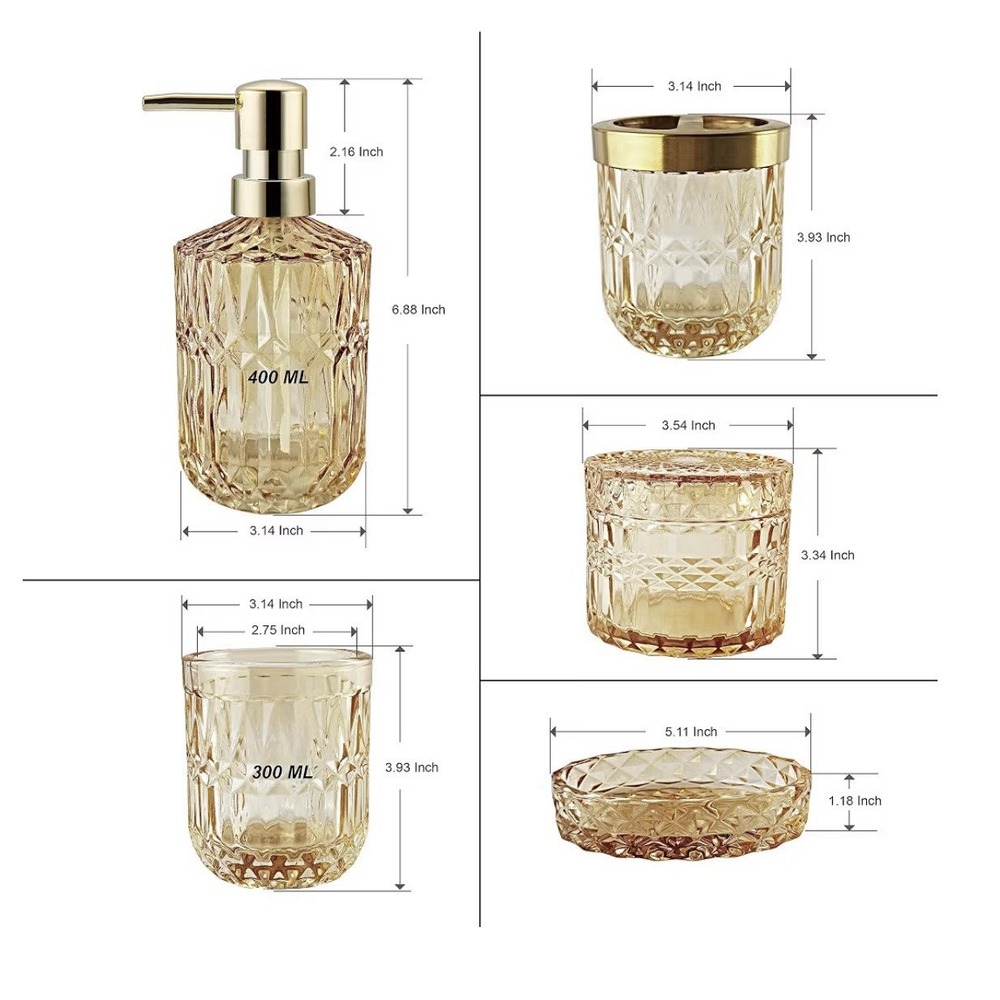 La Marriti 5pc Gold Amber Glass Bathroom Set Dispenser, Toothbrush, Soap NIB - Picture 2 of 3